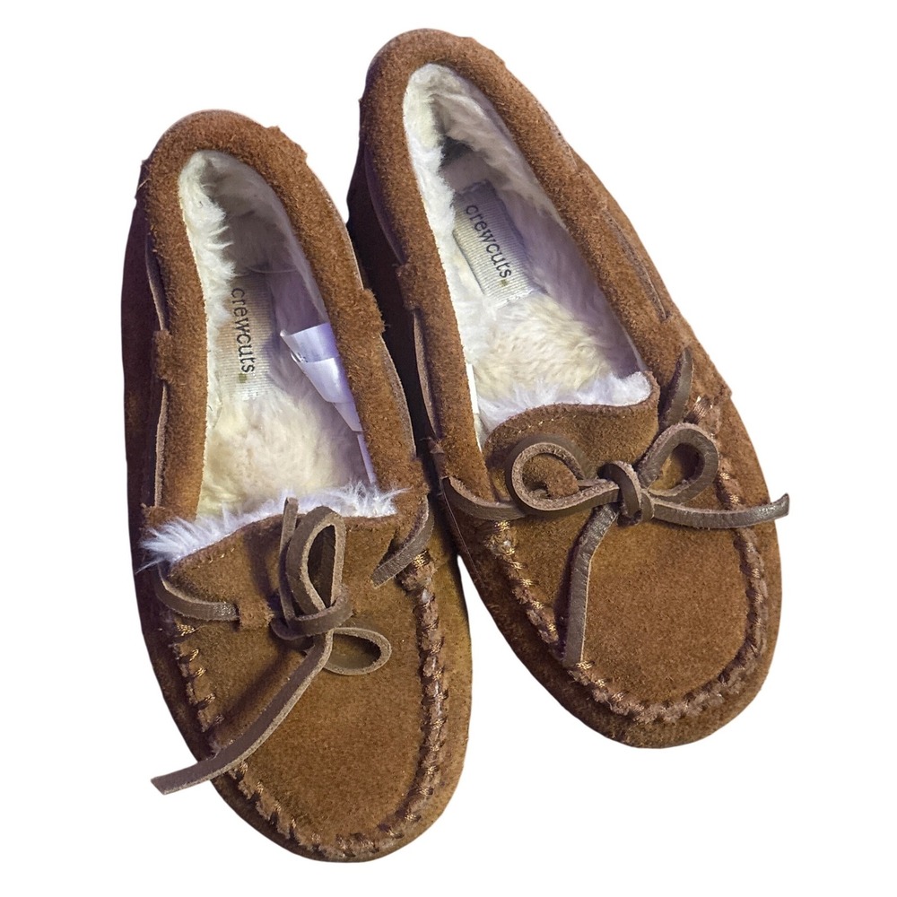 J.Crew Crewcuts Kids Brown Suede Faux Shearling Lodge Moccasin Slippers Size 13
